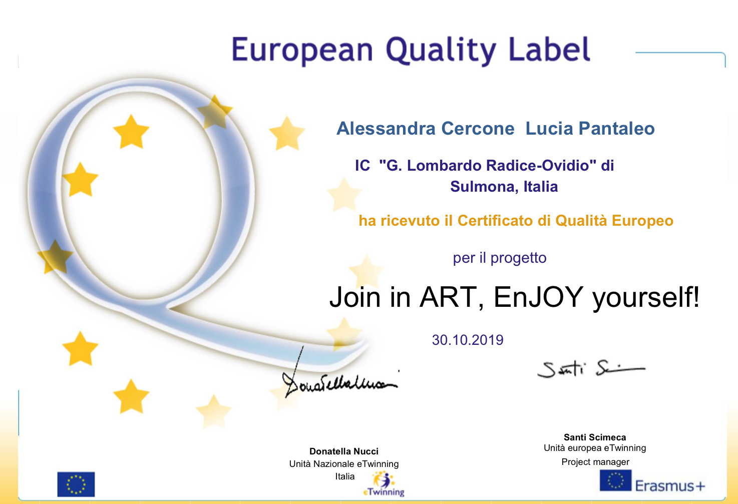 CERTIFICATO DI QUALITÀ EUROPEO PROGETTO eTWINNING.