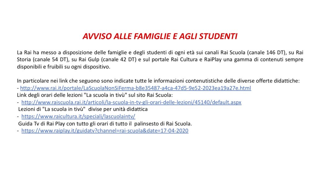 RAI SCUOLA-AVVISO ALLE FAMIGLIE E AGLI STUDENTI