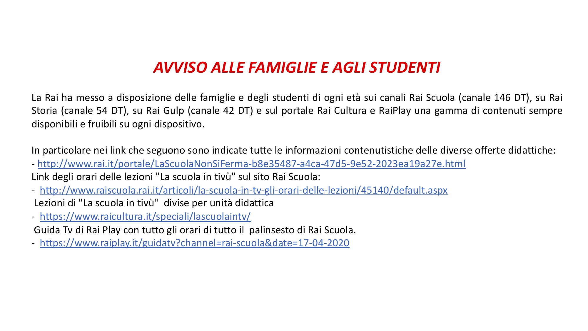 RAI SCUOLA-AVVISO ALLE FAMIGLIE E AGLI STUDENTI