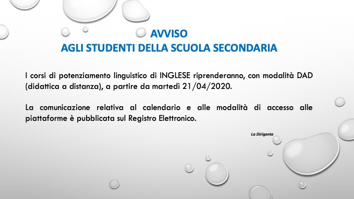 Avviso studenti scuola secondaria-ripresa del Corso di potenziamento di inglese