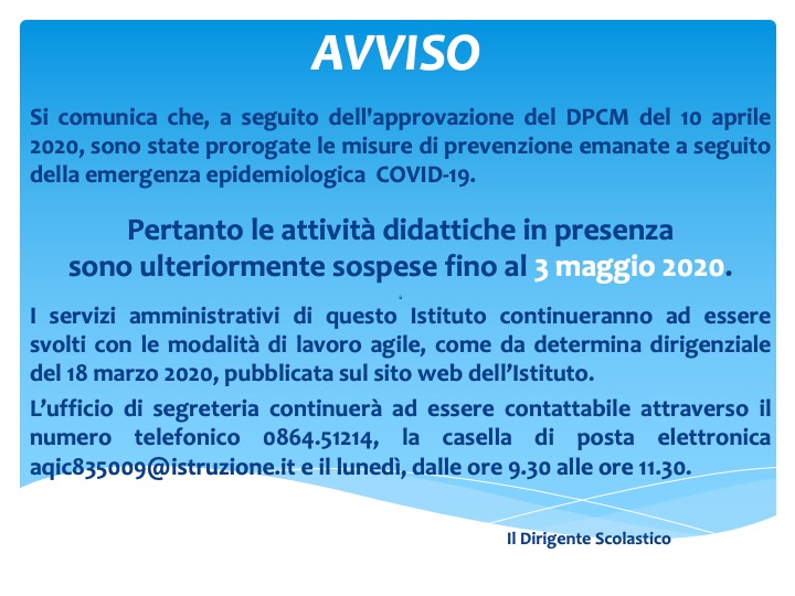 SOSPENSIONE ATTIVITà DIDATTICHE IN PRESENZA FINO AL 3 MAGGIO 2020