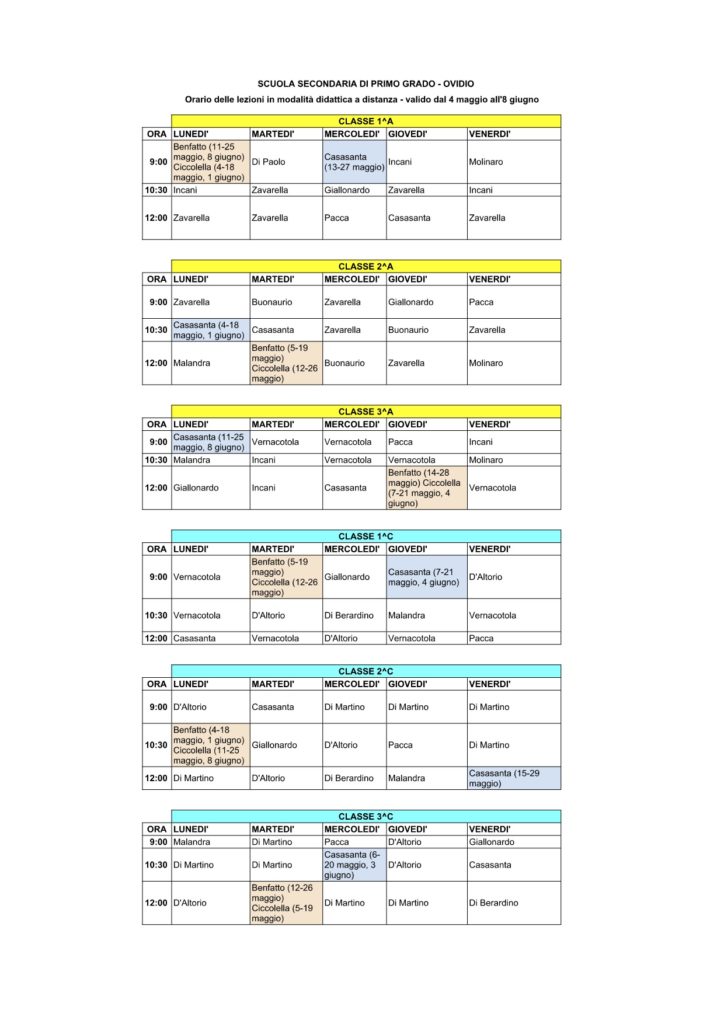 Avviso agli studenti della scuola secondaria Ovidio-variazione orario lezioni dal 4maggio all’8 giugno 2020