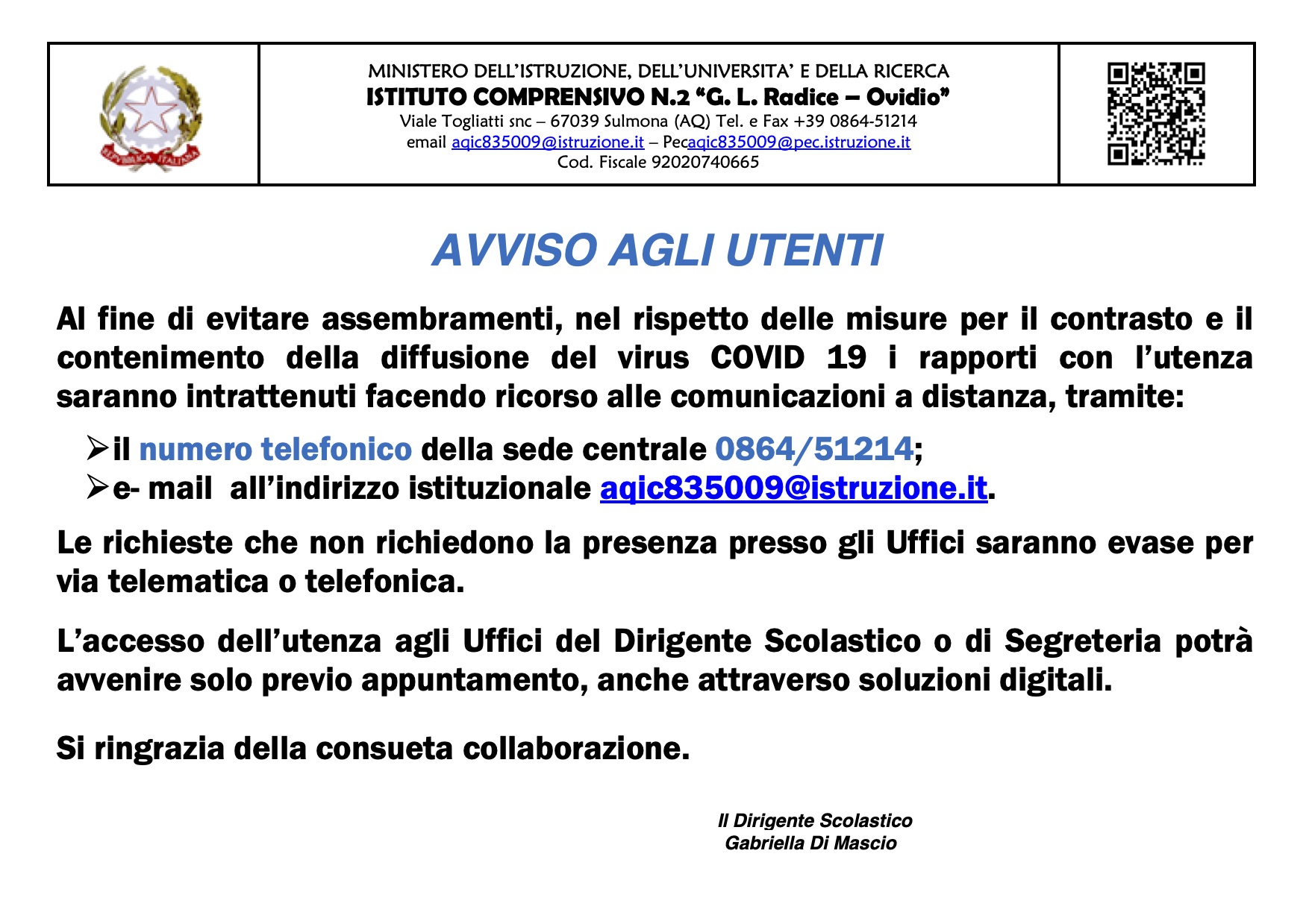 AVVISO AGLI UTENTI