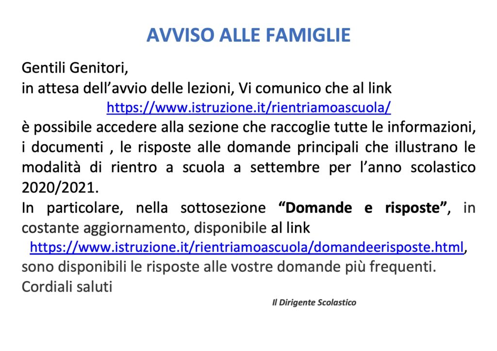 AVVISO ALLE FAMIGLIE