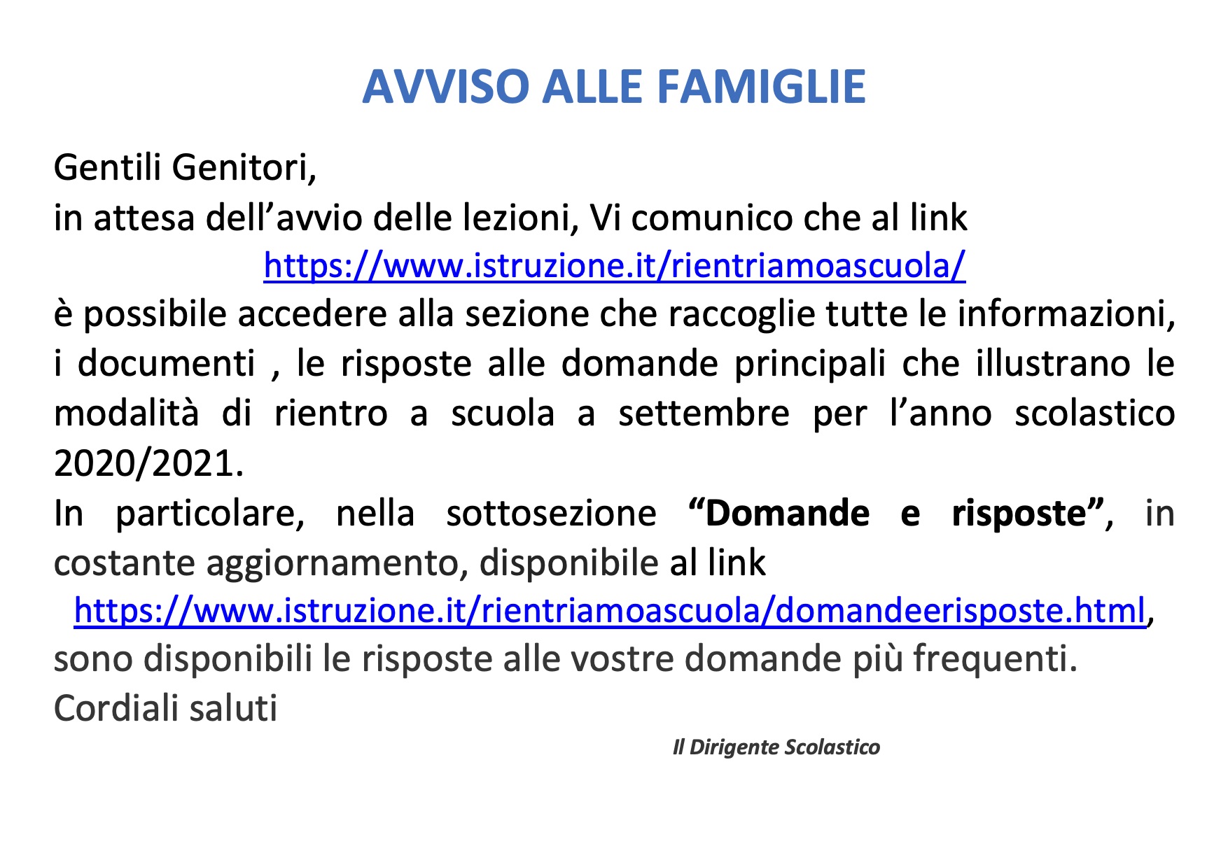 AVVISO ALLE FAMIGLIE