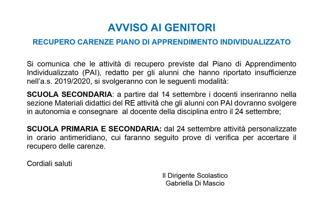 AVVISO AI GENITORI – RECUPERO CARENZE PIANO DI APPRENDIMENTO INDIVIDUALIZZATO