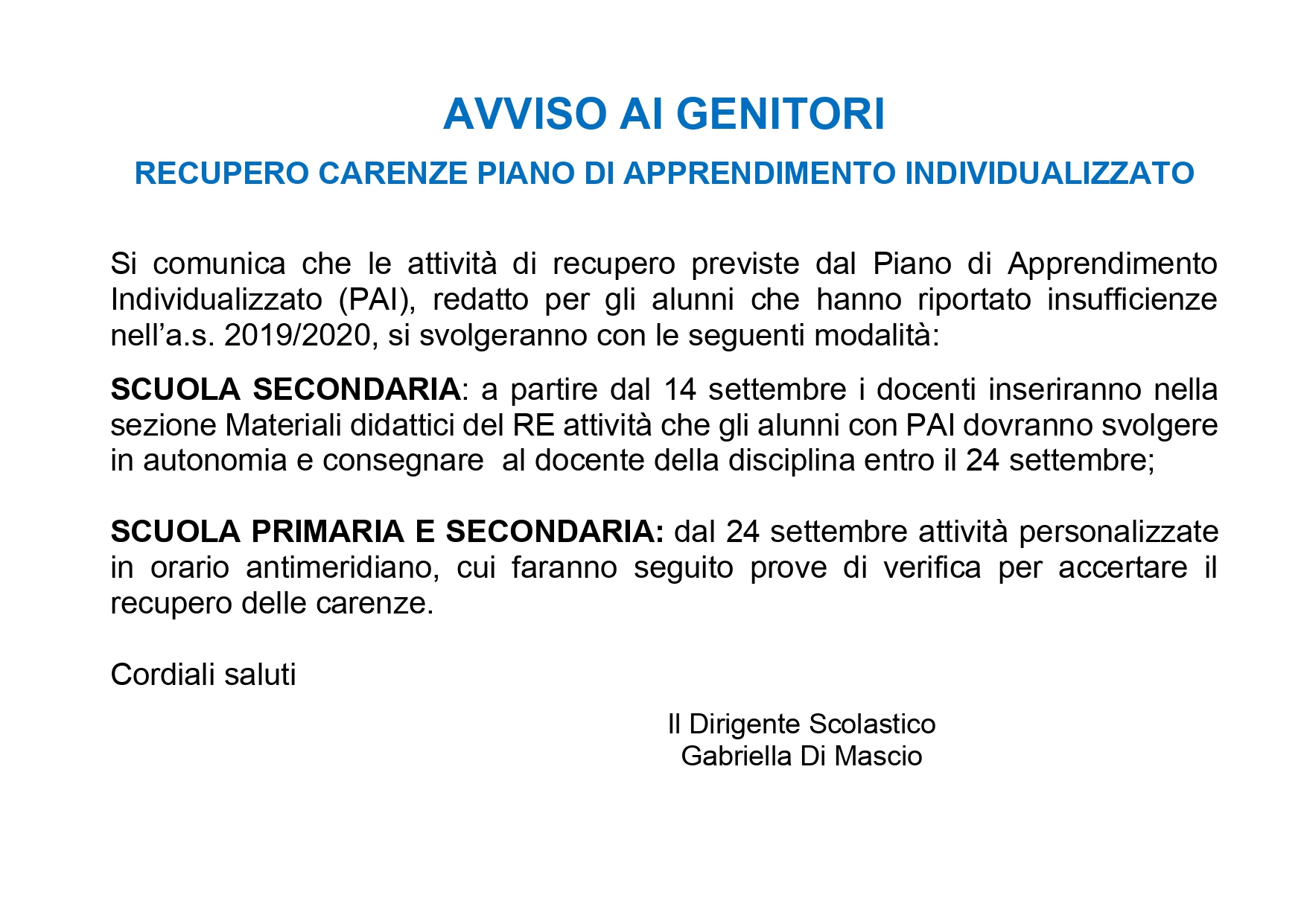 AVVISO AI GENITORI – RECUPERO CARENZE PIANO DI APPRENDIMENTO INDIVIDUALIZZATO