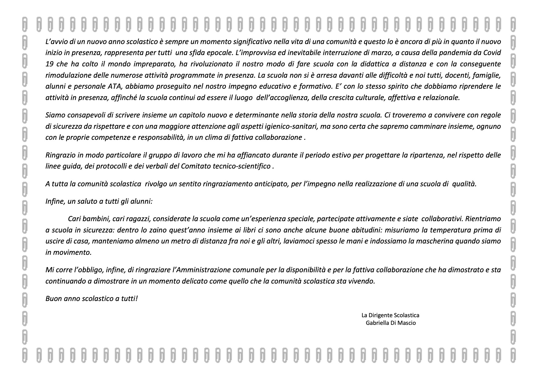 Saluto di inizio anno scolastico 2020-21