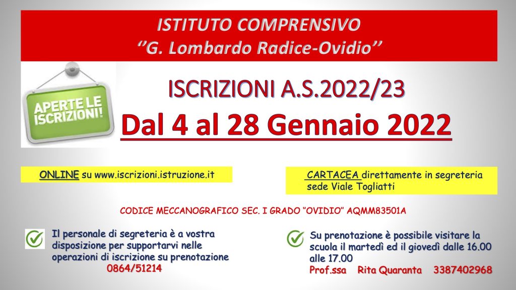 ISCRIZIONI SCUOLA SECONDARIA “OVIDIO” A.S. 2022/23